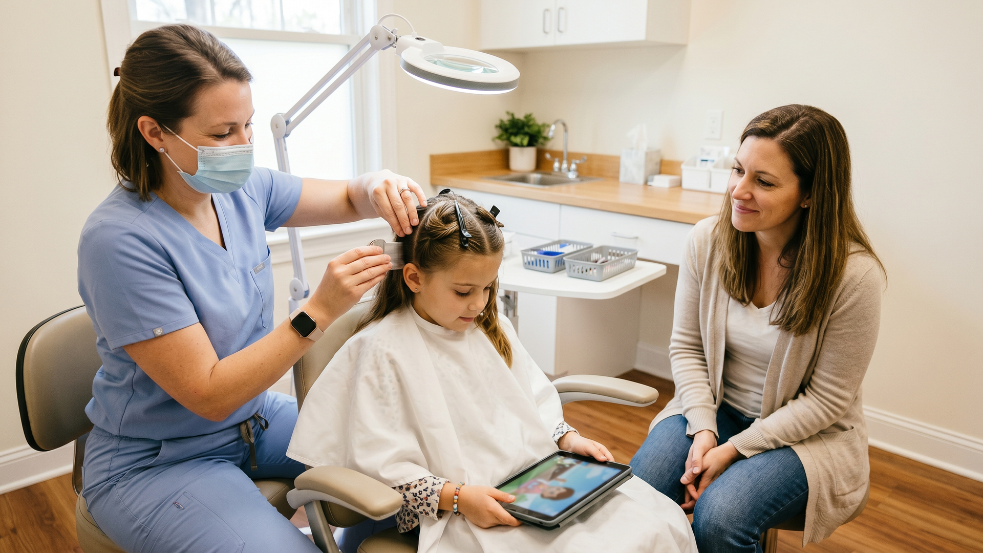 Trained lice removal technician using a fine-tooth metal nit comb on a calm child's hair under a bright clinic lamp at a Toms River, NJ professional clinic.