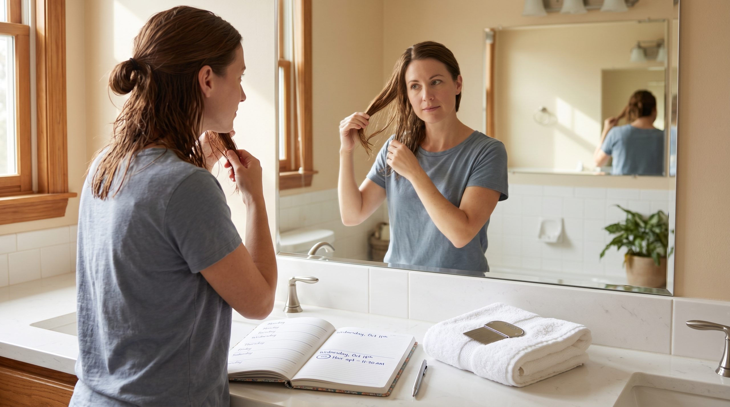 Parent at a sunlit bathroom mirror inspecting a section of clean hair before booking a salon visit, with a folded towel and a fine-tooth metal nit comb on the counter as quiet evidence of recent lice treatment.