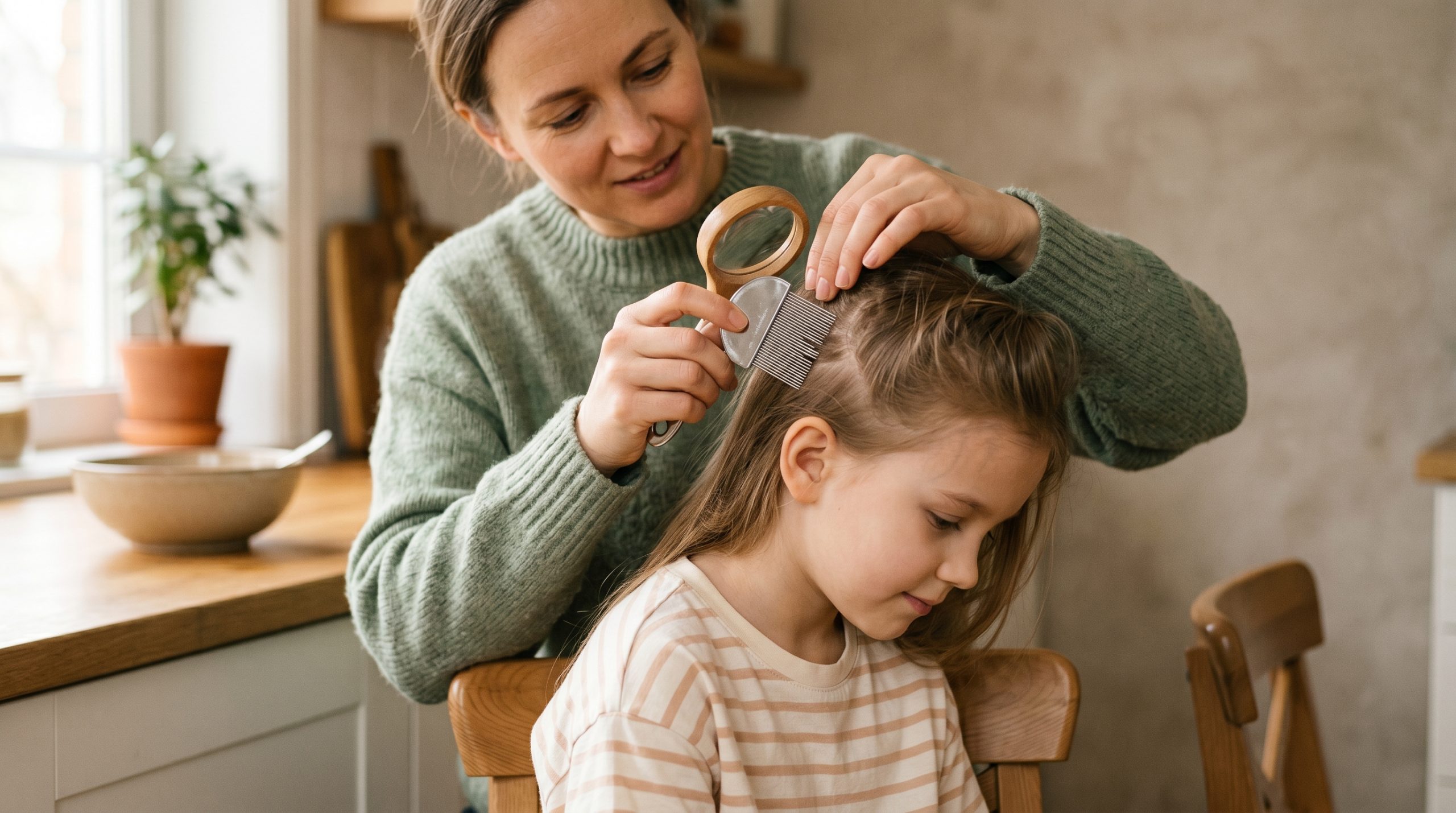 Parent doing a calm at-home head lice check on a young child with a fine tooth metal lice comb and a small handheld magnifying glass in a sunlit kitchen.