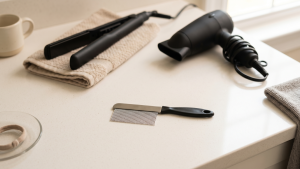 Black ceramic flat iron, matte-black hair dryer, and a stainless-steel fine-tooth nit comb arranged on a warm-white bathroom counter, illustrating which tool actually clears head lice.