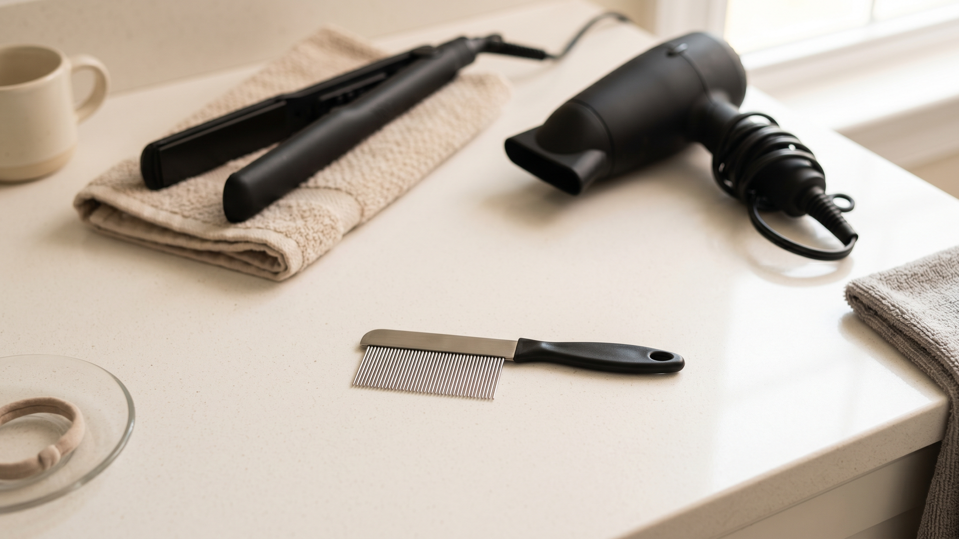Black ceramic flat iron, matte-black hair dryer, and a stainless-steel fine-tooth nit comb arranged on a warm-white bathroom counter, illustrating which tool actually clears head lice.