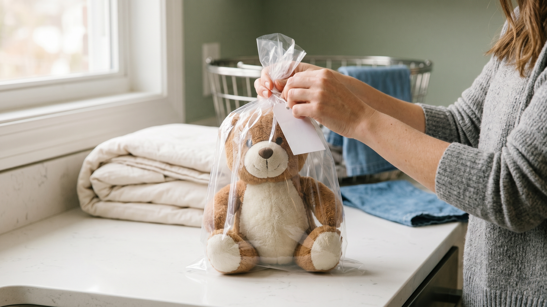 Parent's hands sealing a clear plastic bag around a brown teddy bear on a clean kitchen counter next to folded bedding.