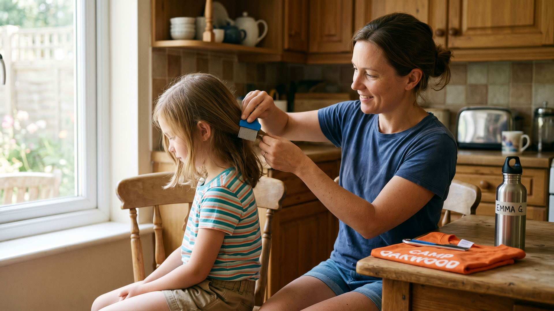 Parent combing a child's hair before school to help prevent head lice