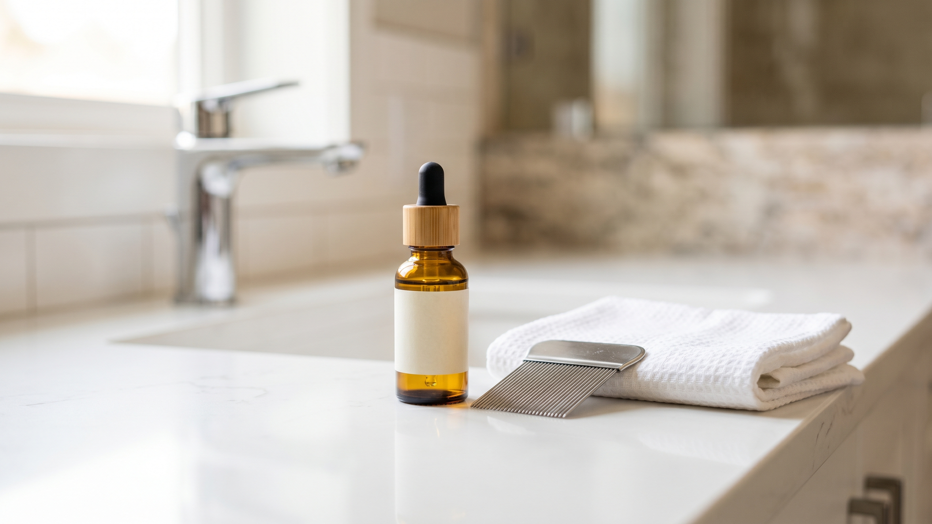 Fine-toothed lice comb beside a treatment bottle on a clean bathroom counter