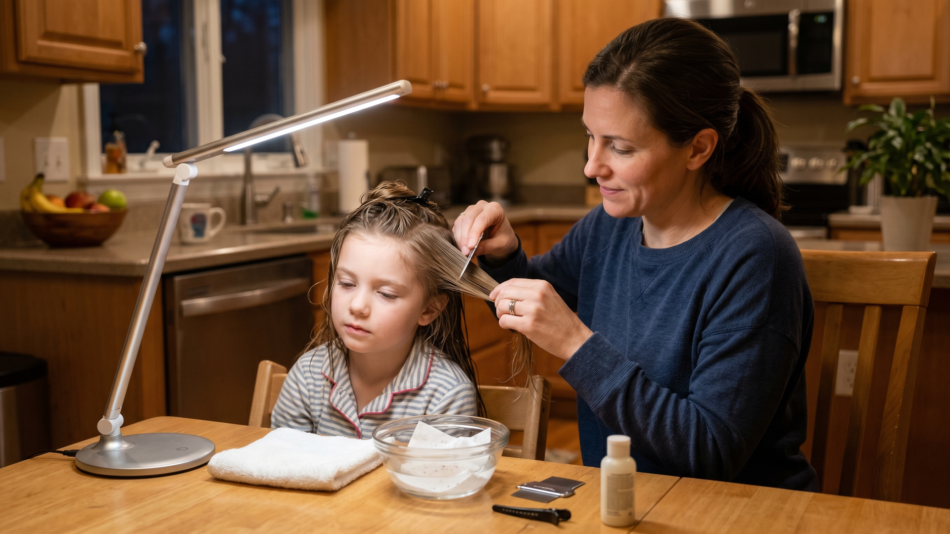 Mother gently parts and combs her young daughter's hair under a bright lamp during a follow-up lice check at the kitchen table.