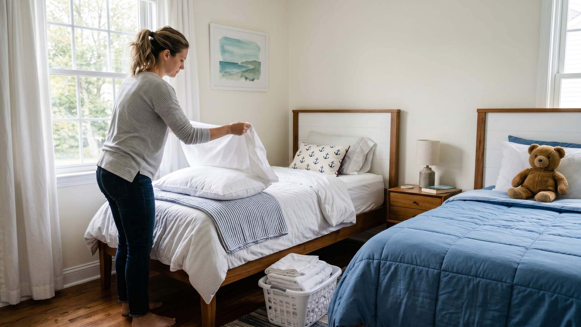Parent stripping a white pillowcase from a child's twin bed with a small laundry basket of folded sheets nearby.