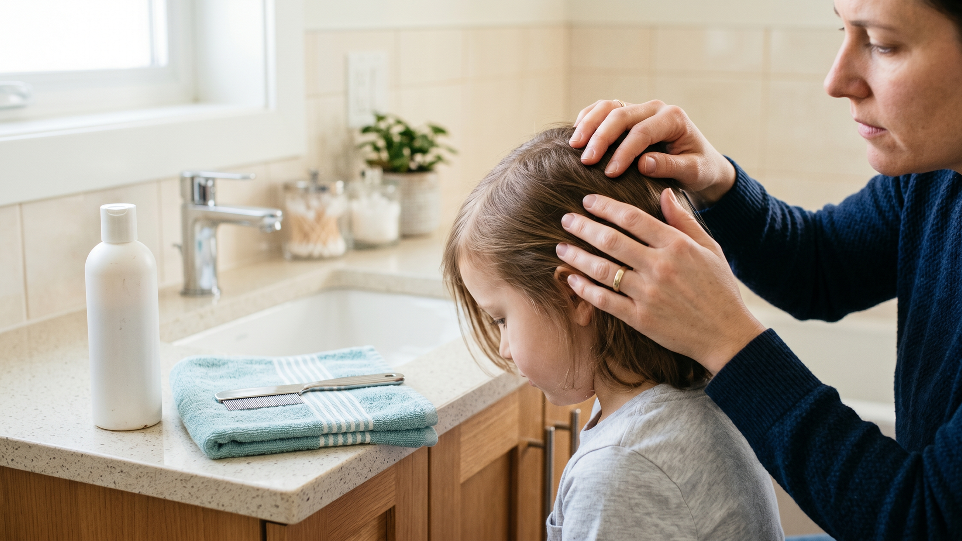 Parent gently parting a child's hair next to a fine-tooth metal lice comb and a bottle of lice shampoo on a bathroom counter.
