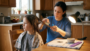 Parent sectioning a child's damp hair with stainless steel nit comb under directional task light during a wet combing session at the kitchen table