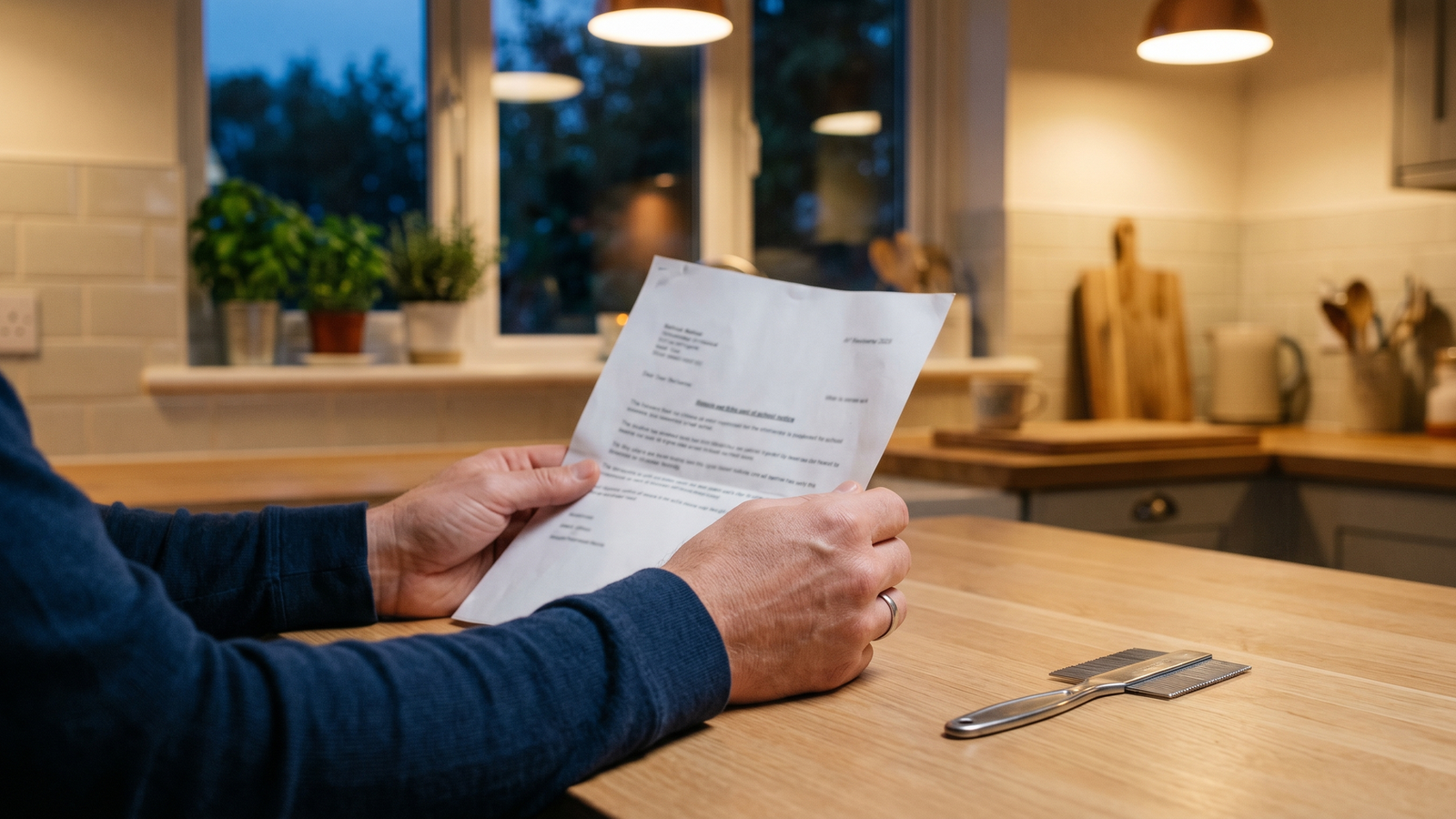 Parent reviewing a school lice notice with a fine-toothed comb nearby