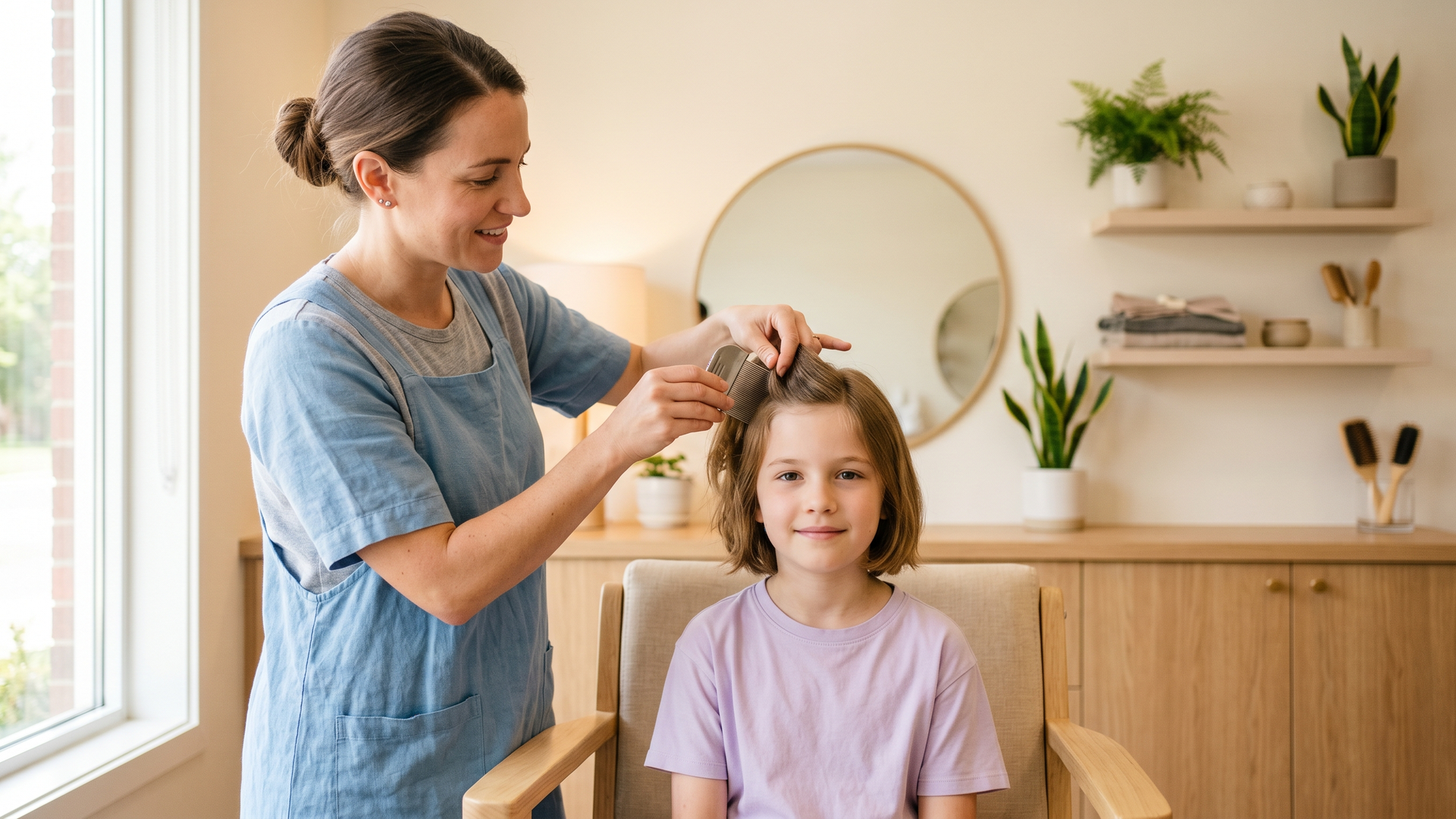 Parent and child at a salon-style lice clinic with a technician sectioning the child's hair with a fine tooth comb