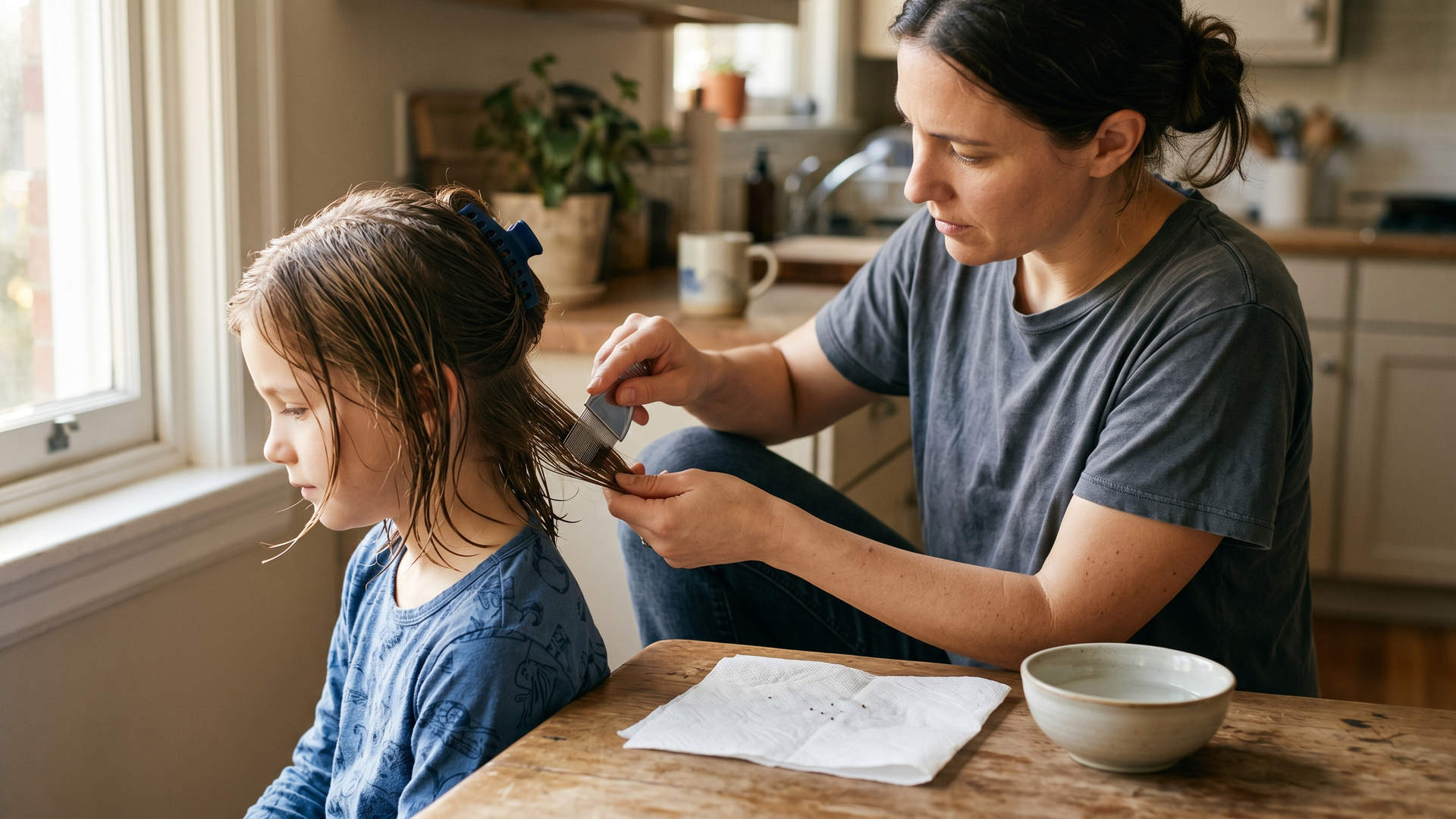 Parent at a sunlit kitchen table working through a section of their child's damp hair with a metal nit comb, paper towel beside them for wiping the tines between strokes.