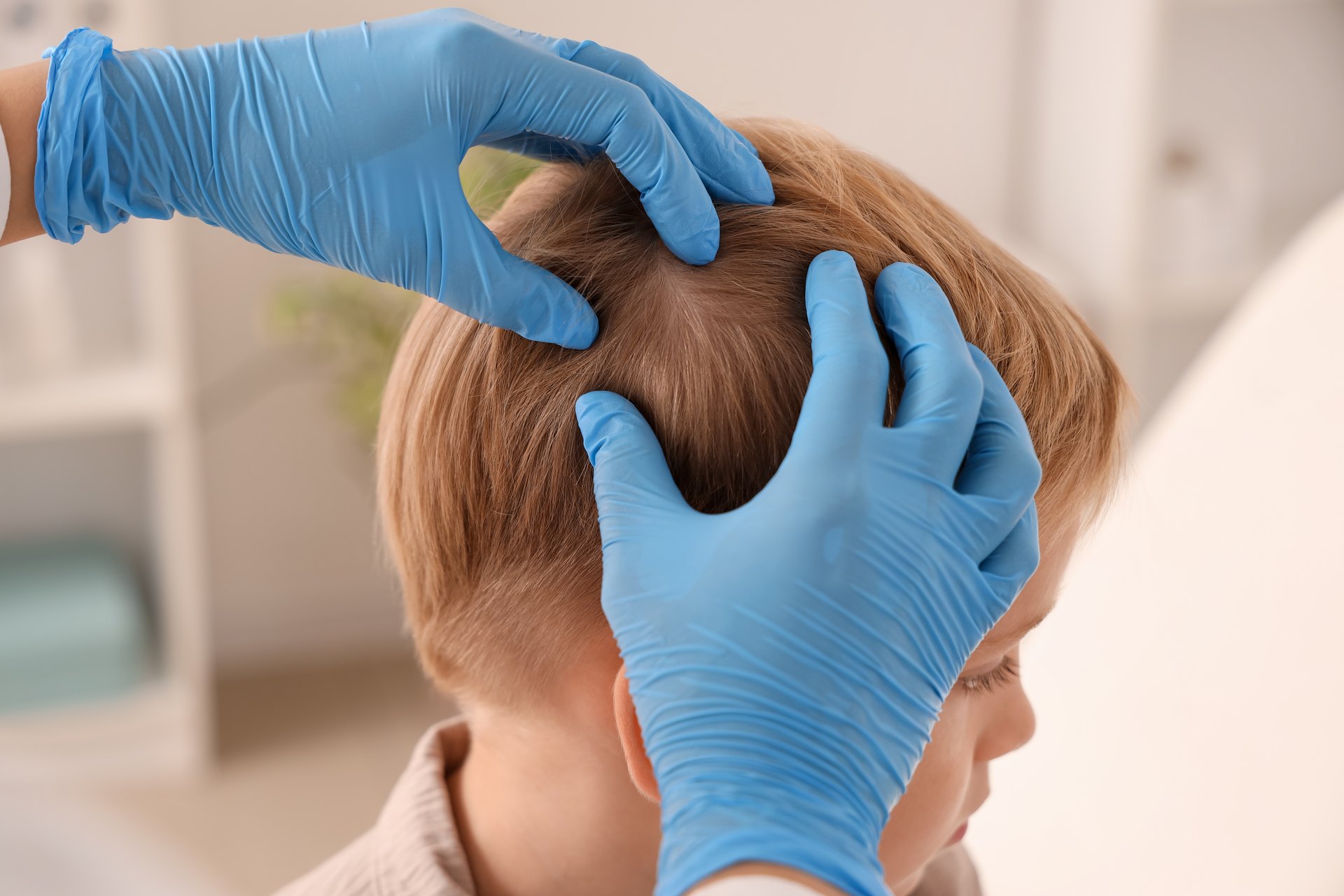 Gloved hands parting a child's hair to examine the scalp during a screening