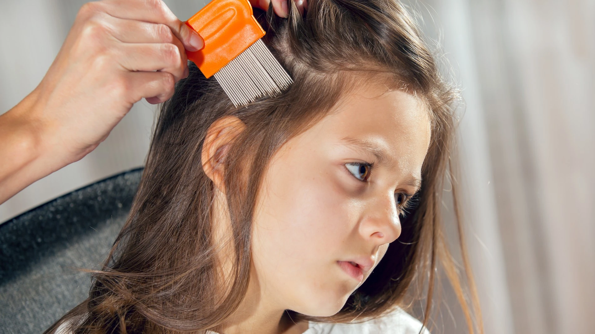 Orange-handled fine-tooth comb passing through long brown hair above an ear.